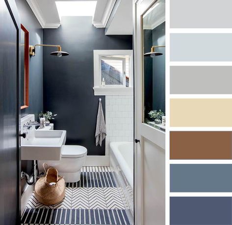 Soft grey, cream, brown, slate, navy color palette in a small bathroom. | Photographer: Janis Nicolay | Designer: Sophie Burke Color Palette Bathroom Colour Schemes, Color Palette For Bathroom, Bathroom Interior Blue, Bathroom Color Combinations, Interior Colour Palette, Palette House, Blue And Brown Bathroom, Bathroom Color Palette, Bathroom Color Schemes