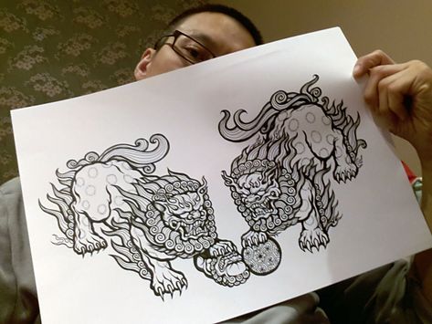 Chinese Lion Tattoo Foo Dog, Foo Dog Drawing, Chinese Lion Statue, Foo Dog Tattoo, Bum Tattoo, Chinese Flowers, Foo Dog Statue, Statue Tattoo, Foo Dogs