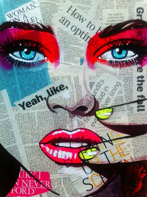 Click to Close Pop Art Face, Newspaper Art, Abstract Painting Techniques, Charcoal Drawings, Soyut Sanat Tabloları, Pop Art Painting, Art Pop, Art And Illustration, Mixed Media Canvas