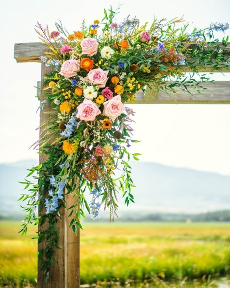 Beartooth Floral and Gifts Archway Flowers Wedding, Wedding Flower Arrangements Arch, Arbor Florals Wedding, Flower Arbor Wedding, Wedding Flowers Arbor, Wild Flower Arch Wedding, Wildflower Aisle, Wedding Ceremony Arch Flowers, Wedding Arch Florals