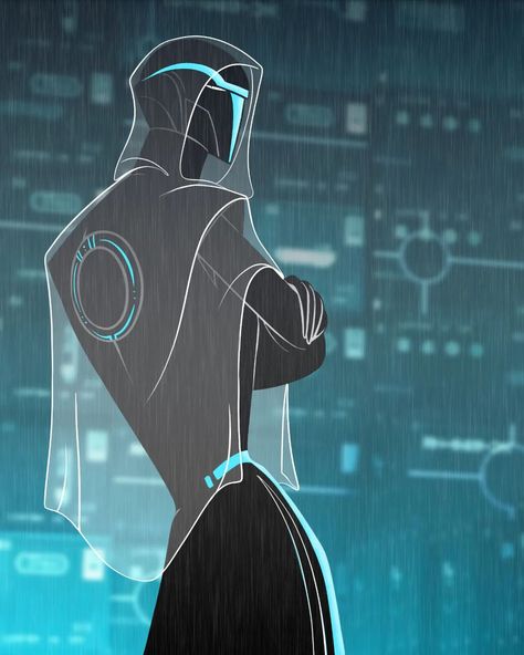 Saffron in the rain cause he's a moody man #tronuprising #tron | Instagram Tron Character Design, Rain Clothes, Tron Aesthetic, Tron Uprising Character Design, Tron Legacy Concept Art, Tron Uprising Wallpaper, Tron Ride Disney, Tron Cinematography, Tron Art