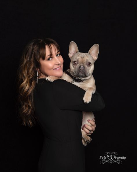 Lady in black dress, French bulldog, dog photography, pet photography, pet photographer, black backdrop, pose people with dogs, photo shoot ideas Dogs With Owners Photography, Dog Portraits With Owner, Studio Family Portraits With Dog, Photo Studio With Dog, Posing With Pets, Dog And Owner Photoshoot Picture Ideas, Pet Family Portrait, Pet Photography Ideas With Owner, Studio Pet Photography