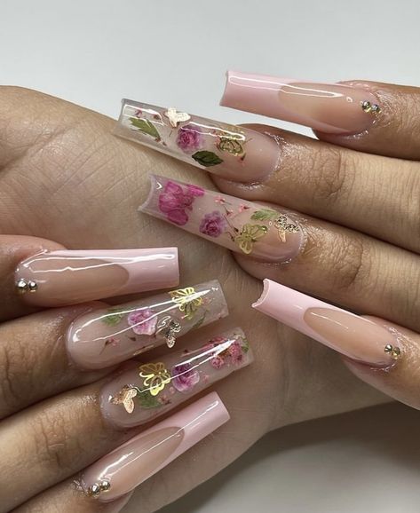 Floral Encapsulated Nails, Encapsulated Flower Nails Acrylics, Flower Inlay Nails, Tea Party Nail Designs, Milk Acrylic Nails, Pink Encapsulated Nails, Encapsulated Nail Designs, Nail Encapsulated Design, Flower Encapsulated Nails