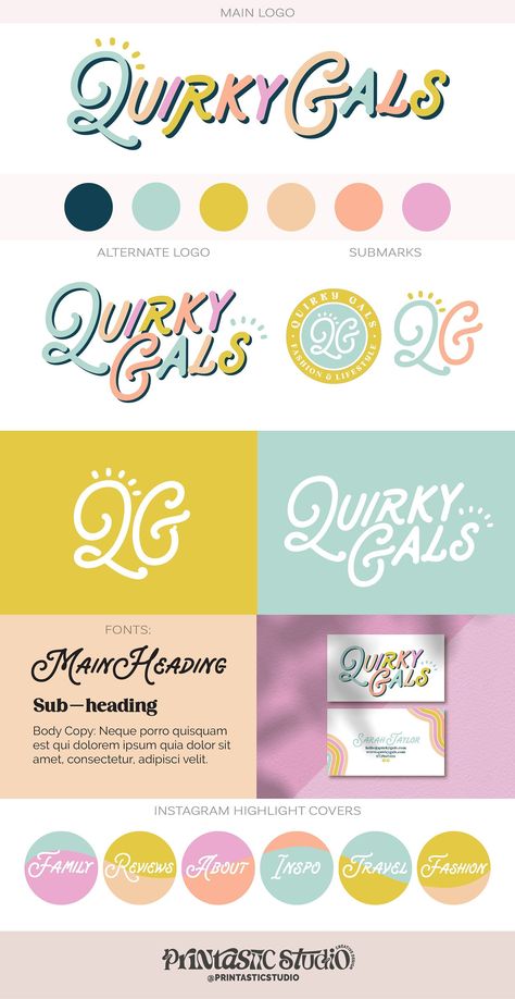 This bright, modern Branding Kit with a retro vibe is a perfect solution to professionally brand your business at a fraction of the cost of custom work.  Such a semi-custom, premade logo template can be a great branding solution for your business if you're just starting out, your budget doesn't yet allow custom branding (but you'll get there, keep hustling!) or you need a logo with a faster turnaround but without forgoing the polished, professional look that custom branding offers!  It would be Iridescent Branding Design, Groovy Business Logo, Small Business Branding Design, Kawaii Branding Design, Fun Sophisticated Branding, Preppy Branding, Brand Kit Ideas, Small Business Logo Ideas, Girly Branding