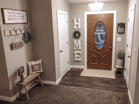 Entryway Walls Farmhouse, Small Living Room With Entry Door, Farm House Entry Way, Doorway Entry Decor Ideas, Farmhouse Small Living Room, Home Entryway, Entryway Wayne’s Coating, Home Letters With Shelf Entry Way, Hallway Nook Ideas