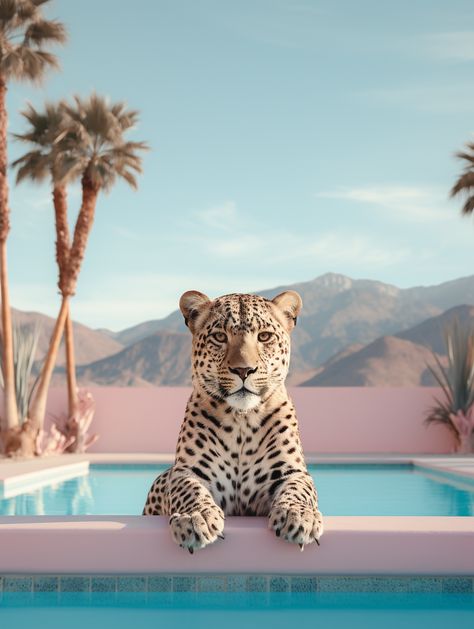 Paul Fuentes style, 1960s Palm Desert California, pool, mountain view, palms, leopard full body near the pool , soft pink and turquoise beautiful lighting, professional photo, beautiful lighting, realistic renderings, desaturated Leopard Print Art, California Pool, Paul Fuentes, Palm Desert California, Cheetah Animal, Cutest Animals, Palm Desert, Photo Beautiful, Cheetahs