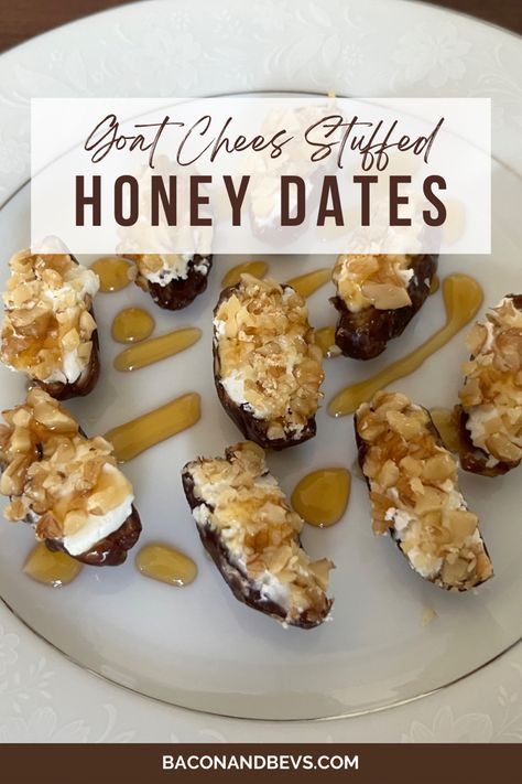 Goat cheese stuffed dates with Honey Dates And Goat Cheese Appetizer Recipes, Easy Goat Cheese Recipes, Cream Cheese Dates, Dates And Goat Cheese, Dates Goat Cheese, Dates With Goat Cheese, Goat Cheese Stuffed Dates, Make Goat Cheese, Goat Cheese Recipes Appetizers