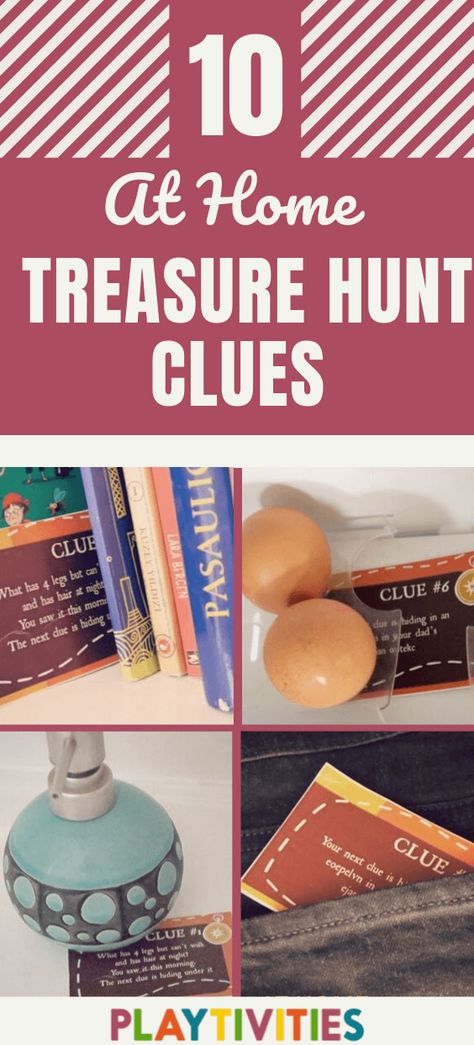 At Home Treasure Hunt with 10 Clues - Free Printable - PLAYTIVITIES Kids Scavenger Hunt Clues, Kids Treasure Hunt Clues, Treasure Hunt Riddles, Treasure Maps For Kids, Teen Scavenger Hunt, Riddles Kids, Scavenger Hunt Riddles, Treasure Hunt For Kids, Treasure Hunt Games