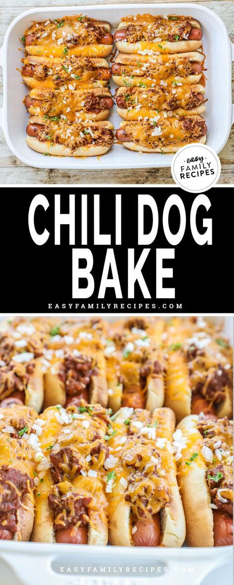 These baked chili dogs are a 4-ingredient dinner that comes together in minutes! When you bake chili cheese dogs in the oven, magic happens—they’re warm, toasty, with perfectly melted cheese. Your family will LOVE this for a weeknight meal, but it’s also great for parties—scale it up for a crowd and put together a topping bar so everyone can customize their baked chili cheese dogs! Chili Hot Dog Bake, Chili Cheese Dog Bake Crescent Rolls, Chilli Dog Casserole Oven Baked, Oven Baked Chili Cheese Dogs, Chili Cheese Dogs In Oven, Chili Cheese Dog Bake, Chili Cheese Dog Recipe, Chili Dog Bake, Chilli Cheese Dogs