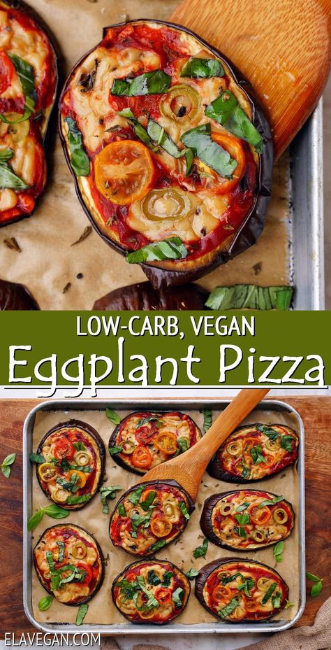 This easy low-carb eggplant pizza recipe requires just a handful of pantry-friendly ingredients, including versatile toppings, and is ready in 30 minutes. The mini pizza is gluten-free, grain-free, keto, low-calorie, vegetarian (vegan), and perfect for parties and mid-week meals! Eggplant Pizza Recipe, Eggplant Pizza, Week Meals, Carb Free Recipes, Eggplant Pizzas, Low Calorie Vegan, Vegan Eggplant, Low Carb Vegetarian Recipes, Mini Pizzas