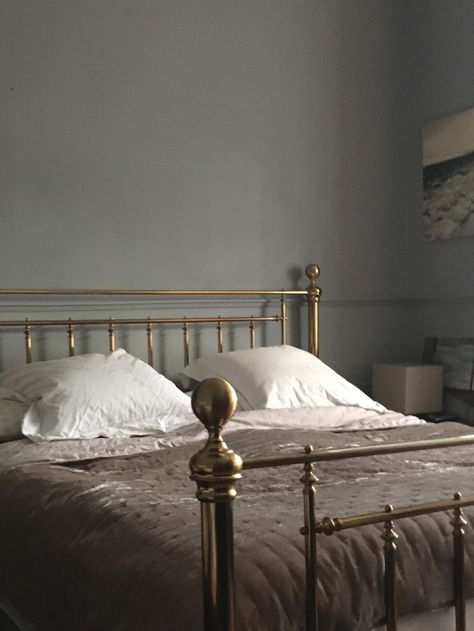 Vintage Brass Bed, Gray Accent Wall Bedroom, Gold Bed Frame, Brass Bedroom, Brass Bed Frame, Iron Bed Frame, Gold Bed, Moody Bedroom, Brass Bed