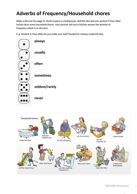 Adverbs of Frequency/Household Chores - English ESL Worksheets for distance learning and physical classrooms Chores Worksheet, Adverb Activities, Adverbs Worksheet, Speaking Cards, English For Beginners, Discussion Starters, Esl Lesson Plans, Simple Questions, Esl Lessons