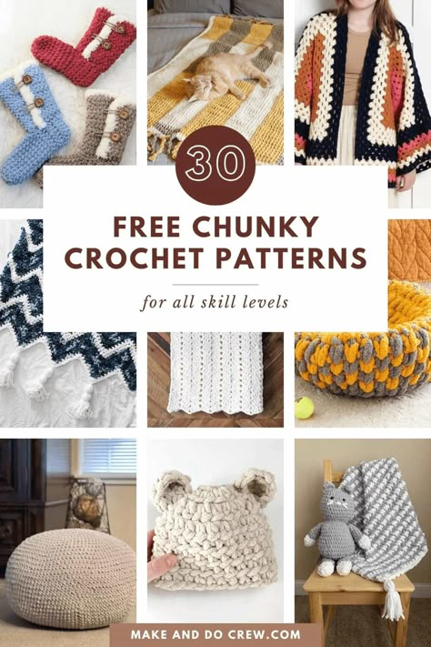 Looking for easy crochet patterns using Bernat Blanket yarn? Look no further than this collection curated by Make and Do Crew! Discover a wide range of free crochet patterns including chunky crochet blanket patterns, baby blankets, throw blankets, slipper boots, plush toys, amigurumi patterns, crochet pillow patterns, dog and cat beds, cardigans, hats, snuggle sacks, poufs, baskets, and even hair scrunchie crochet patterns. Get started on your next crochet project with Bernat Blanket yarn today! Crochet Patterns For Blankets, Chunky Yarn Patterns, Chunky Yarn Crochet Pattern, Bulky Yarn Patterns, Scrunchie Crochet, Bulky Yarn Crochet, Crochet Jackets, Chunky Yarn Crochet, Chunky Crochet Blanket Pattern