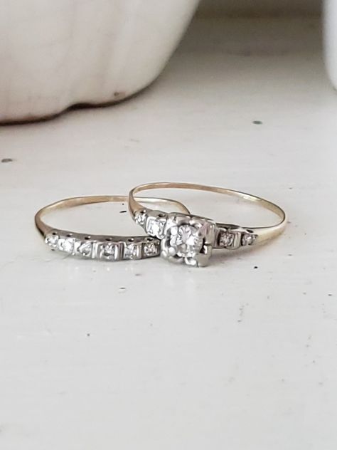 1940s Wedding Ring Set, 1950s Wedding Ring Set Vintage, Antique Engagement Rings Art Deco, Vintage Engagement Rings 1940s, 1950 Engagement Ring, 60s Wedding Ring, 50s Engagement Ring, 1940s Wedding Ring, Art Deco Wedding Ring Set