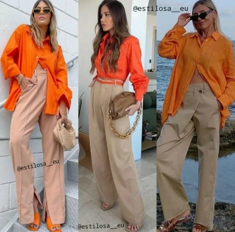 Orange Shirt Work Outfit, Orange Shirt Summer Outfit, Orange Silk Shirt Outfit, Orange Trousers Outfit Summer, Tan And Orange Outfit, Styling Orange Shirt, Bright Orange Top Outfit, High Point Market Outfits, Orange Outfit Combination