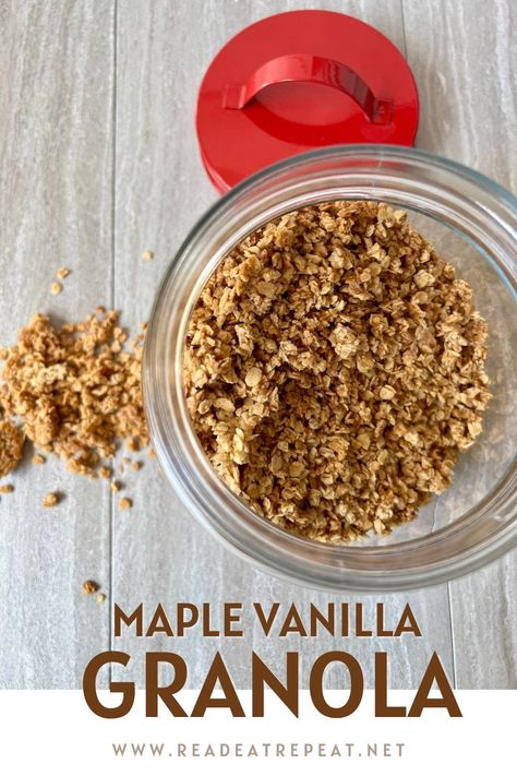 Maple Vanilla Granola - Read. Eat. Repeat. Vanilla Granola Recipe, Maple Granola Recipe, Homeade Granola, Honey Vanilla Granola, Maple Almond Granola, Vanilla Granola, Vanilla Almond Granola, Maple Granola, Yogurt Toppings