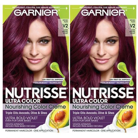 Garnier Nutrisse Ultra Color Nourishing Color Cream in Ultra Bold Violet Dark Purple Hair Dye, Permanent Purple Hair Dye, Best Purple Hair Dye, Purple Hair Dye, Dark Hair Dye, Garnier Hair Color, Violet Hair Colors, Hair Color Plum, Color Mask