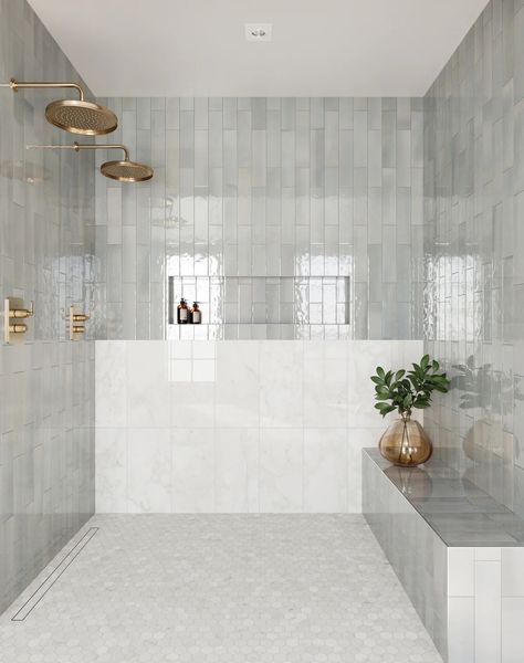 Olivia 4x16 Glossy Ceramic Tile in Fog Vertical Tile Shower Ideas Wall, Bold Bathroom Remodel, Anne Sacks Tile Bathroom, Glazed Tile Bathroom Showers, Main Bathroom Tile Ideas, Alison Victoria Bathroom, Primary Bathroom Tile Ideas, Large Tile Bathroom Wall, Linear Shower Drain Ideas