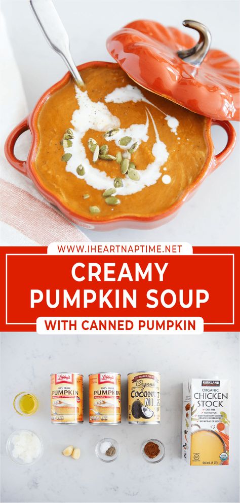 This creamy pumpkin soup with canned pumpkin is a one-pot recipe that will feed and nourish your entire family quickly and easily! Soup Inside Pumpkin, Neck Pumpkin Recipe, Canned Pumpkin Recipes Savory, Pumpkin Soup Recipe With Canned Pumpkin, Pumpkin Soup Using Canned Pumpkin, Pumpkin Soup From Canned Pumpkin, Pumpkin Soup Recipe Canned, Easy Pumpkin Soup With Canned Pumpkin, Canned Pumpkin Soup Recipe Easy