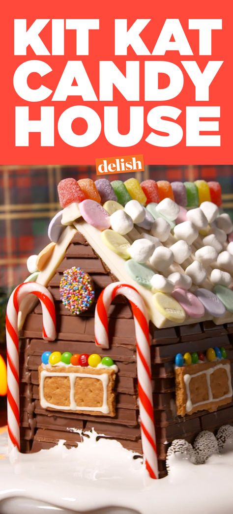 This Kit Kat candy house > any regular gingerbread house. Find out how to make it on Delish.com. Kit Kat Christmas House, Kit Kat Gingerbread House, Kit Kat House, Kit Kat House Gingerbread, Gingerbread Jeep, Kit Kat Recipes, Cookie Houses, Candy Houses, Kit Kat Candy