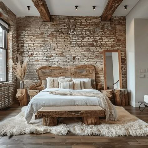 A warm and rustic bedroom design with exposed brick walls and wooden furniture creating a cozy atmosphere. Brick Bedroom Wall Ideas, Rustic Modern Master Bed, Exposed Brick Walls Bedroom, Bedroom With Brick Wall, Brick Accent Wall Bedroom, Brick Bedroom Ideas, Brick Bedroom Wall, Exposed Brick Bedroom, Bedroom Brick Wall