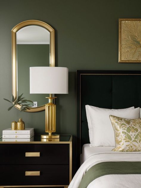 Bedroom Green And Black, Gold Accents Bedroom, Enchanting Bedroom, Sage Bedroom, Design Article, Gold Rooms, Sage Green Bedroom, Gold Bed, Apartment Decorating On A Budget