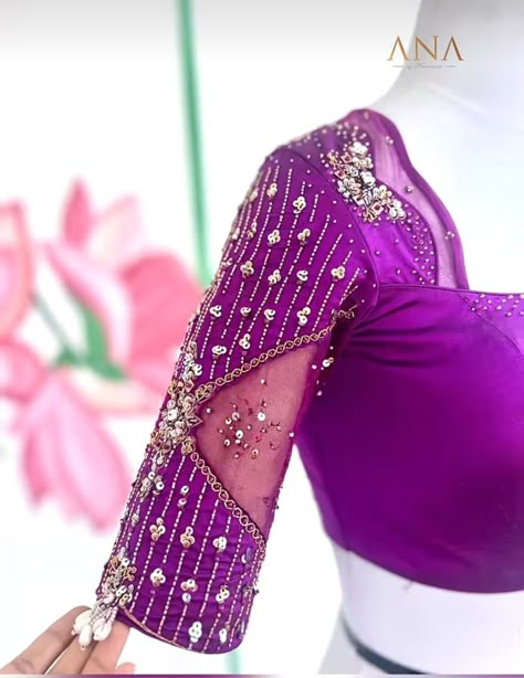 Blouse Hands Design, Blouse Aari Work Design, Aari Bridal Blouse, Anu Designs And Fashions, Dark Purple Blouse, Blouses Indian, Blouse Aari Work, Latest Blouse Neck Designs, Magam Work Designs