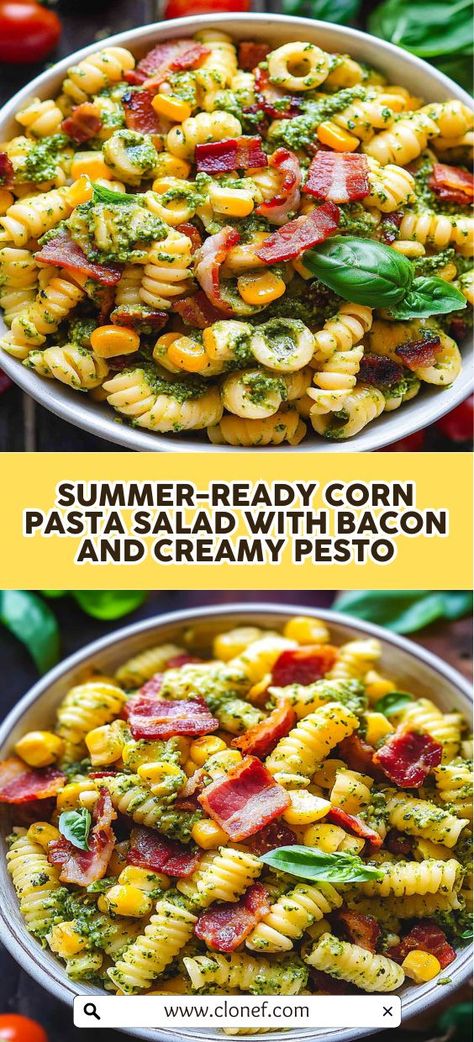 Enjoy an easy and delicious meal with this Corn Pasta Salad featuring crispy bacon and a creamy pesto dressing. This recipe is ideal for anyone looking to make a quick yet impressive dish that’s loaded with flavor. The combination of fresh ingredients, including sweet corn and cherry tomatoes, makes this salad a delightful choice for any occasion. Whether you're hosting a summer barbecue or enjoying a quiet dinner at home, this pasta salad is sure to satisfy both your taste buds and your guests! Creamy Pesto Dressing, Pasta Salad With Bacon, Corn Pasta Salad, Pesto Dressing, Corn Pasta, Comfort Casseroles, Creamy Pesto, Dinner At Home, Summer Barbecue