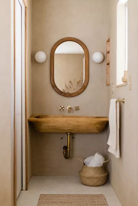 Bathroom Sink Ideas for Small Spaces | Hunker Space Saving Bathroom Sink, Bathroom Sink Small Space, Freestanding Sink Bathroom, Tiny Bathroom Sink Ideas, Tiny Bathroom Sink, Tiny Home Bathrooms, Small Bathroom Sink, Colored Sinks, Wooden Trough