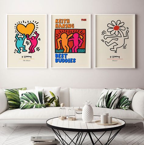 Set of 3 Keith Haring Prints, Off White Peach Wall Art Prints, Gallery Art Posters, Famous Artists Wall Art, Modern Exhibition Vintage Art Keith Haring Posters, Keith Haring Wall Art, Keith Haring Prints, Modern Exhibition, Keith Haring Poster, Keith Haring Art, Haring Art, Peach Walls, Artist Wall