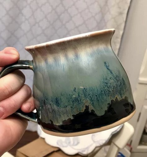 Storm Celadon on the bottom 2/3 with Spectrum Running Hot Chowder on the top 1/3 (slightly overlapping the Storm). Running Hot Chowder Glaze, Spectrum Glazes, Dr K, Hand Made Pottery, Glaze Combinations, Amaco Glazes, Ceramic Glaze Recipes, Clay Mugs, Glaze Ceramics