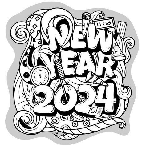 Doodle art cartoon design of new year in black and white concept for new year celebration template Happy New Year Doodle, New Year Doodle, New Year's Drawings, Happy New Year Design, Art Cartoon, New Year Celebration, Year 2024, Cartoon Design, Doodle Art