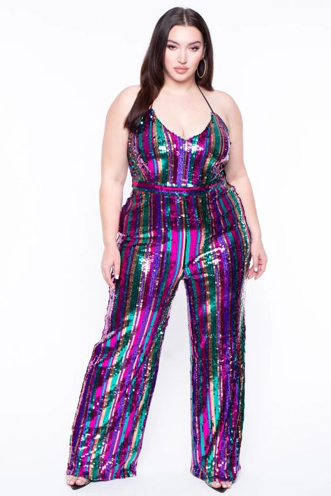 Plus Size Prism Halter Sequins Jumpsuit - Purple– Curvy Sense Disco Glam Outfits Plus Size, Sequin Jumpsuit Plus Size, Disco Jungle, Party Outfit Plus Size, Rave Outfits Plus Size, Sequins Jumpsuit, Jumpsuit Plus Size, Swift Outfits, Disco Glam