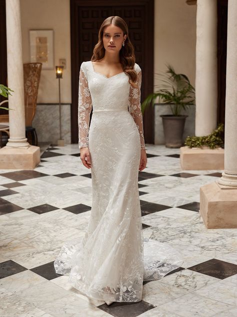 Modest Sheath Wedding Dress, Conservative Wedding Dress, Mermaid Wedding Dress With Sleeves, Lace Mermaid Wedding Dresses, Moonlight Bridal, Long Lace Sleeves, Sheath Wedding Dress Lace, Bride Dress Simple, Wedding Dress Cap Sleeves