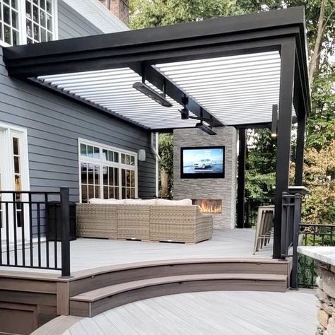 Louvered Pergola On Deck, Deck With Hot Tub, Luxury Deck, Enclosed Patio Ideas, Backyard Decks, Backyard Covered Patios, Backyard Patio Deck, Outdoor Living Space Design, Patio Layout