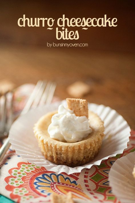 Churro Cheesecake Bites | 25+ Churro Recipes Mini Churro Cheesecake, Churro Cheesecake Bites, Bites Desserts, Churro Recipe, Sopapilla Cheesecake Bars, Spicy Hot Chocolate, Hot Chocolate Sauce, Mini Cheesecake Bites, Buns In My Oven