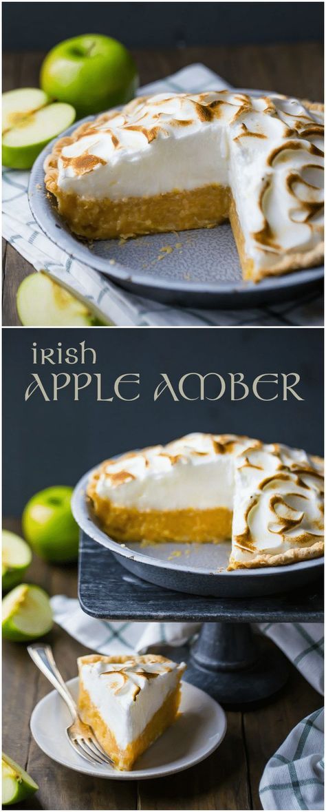 Celebrate St. Patrick's Day with this authentic Irish Apple Amber! It's a traditional dessert in Ireland, made with shredded apples cradled in a buttery crust and topped with airy meringue. #irish #apple #desserts #pie #meringue #stpatricksday #ideas #stpattys via @bakingamoment Irish Apple Amber, Irish Pie Recipe, Traditional St Patricks Day Desserts, Celtic Food Recipes, Apple Meringue Pie, Irish Desserts Traditional Ireland Easy, Authentic Irish Desserts, Desserts With Meringue, Ireland Desserts