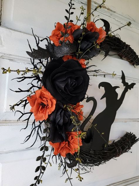 SOLD OUT Will Return 9/24 Halloween Cat Moon Crescent Wreath W/ Orange Florals & Bats Gothic Celestial Door Hanger Spooky Fall Decor - Etsy Celestial Door, Gothic Celestial, Crescent Wreath, Moon Wreath, Witchy Cat, Spooky Fall, Cat Moon, Halloween Moon, Orange Roses