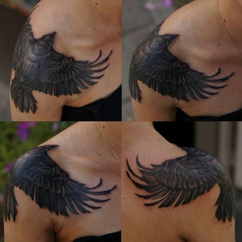 Amazing Crow shoulder wrap Rabe Tattoo, Crow Tattoo Design, Backpiece Tattoo, Hawk Tattoo, Bird Tattoo Wrist, Black Bird Tattoo, Tattoo Shoulder, Crow Tattoo, Raven Tattoo