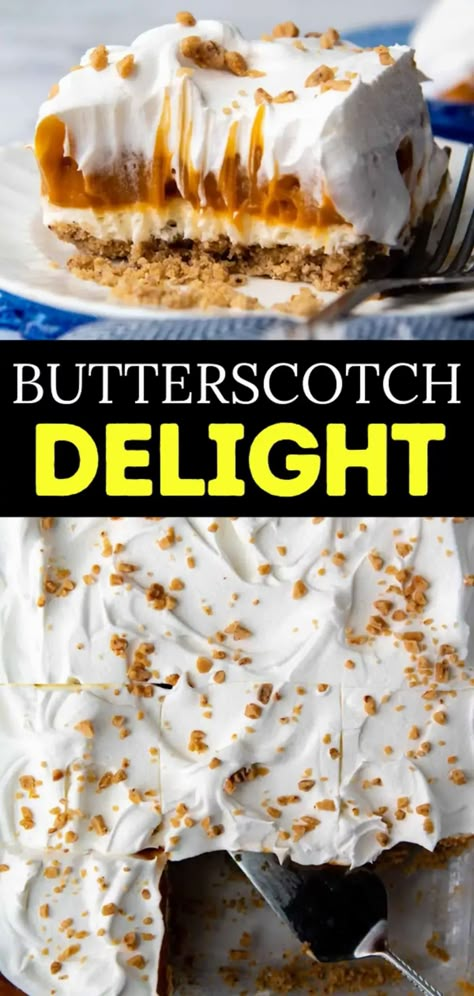 Butterscotch Torte, Mamagourmand Recipes, Butterscotch Pudding Dessert, Churros Cupcakes, Butterscotch Lush, Butterscotch Delight, Butterscotch Pudding Recipes, Chocolate Layer Dessert, Butterscotch Desserts