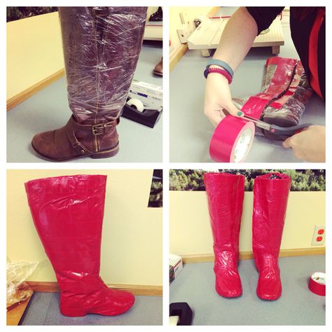 Costume Boot Covers under $5.   1: Grab a pair of boots 2: Cover in clear plastic wrap 3: Cover in Duct Tape of your choice of color. 4: Rock them with your costume. Diy Costume Boot Covers, Diy Boot Covers Costume, Costume Boot Covers Diy, Duct Tape Boots, Eighties Costume, Halloween Costume Boots, Wrestling Boots, Costume Concepts, Ivy Costume