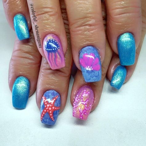 Ocean sea creature nail art design Sea Life Nail Art, Sea Animal Nails Designs, Blue Ocean Nail Art, Blue Sea Nail Designs, Sea Creature Nails, Sea Creature Nail Art, Horse Nail Art, Horse Nails, Beach Nails