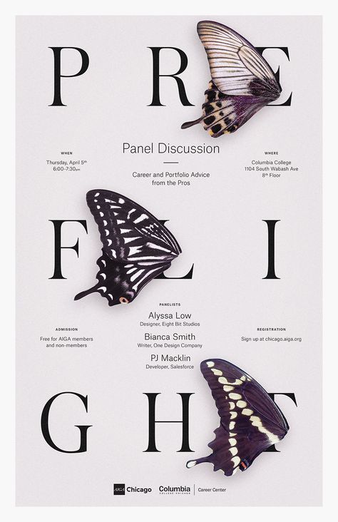 Butterfly Graphic Design, Columbia College Chicago, Scientific Poster, Student Portfolio, Columbia College, 포트폴리오 레이아웃, Career Center, Designer Portfolio, Panel Discussion