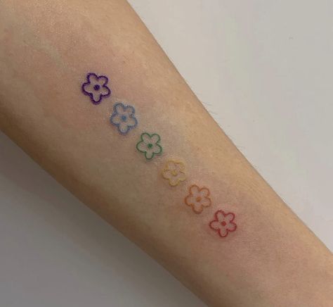 Rainbow Colored Tattoo, Colorful Mom Tattoos, Rainbow Flowers Tattoo, Cute Colour Tattoo, Rainbow Flower Tattoo, Color Test Tattoo, Starter Tattoos Ideas, Ally Tattoo, Small Color Tattoo