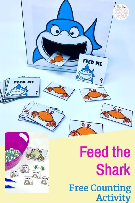 This hands-on counting activity will be great for your ocean-themed centers. Grab this free feed the shark number recognition and counting game for preschool students. Sea Creatures Math Activities, Shark Math Activities, Under The Sea Counting Activities, Beach Curriculum Preschool, Ocean Themed Games For Preschool, Shark Games For Preschoolers, Fish Counting Preschool, Feed The Shark Activity, Summer Counting Activities Preschool