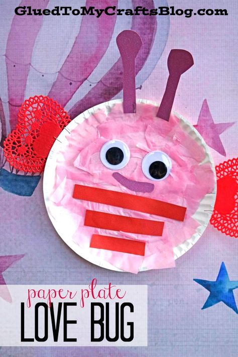 #gluedtomycrafts Tissue Paper Paper Plate Valentine Love Bug – Kid Craft - Valentine’s Day Crafts Valentines Crafts Preschoolers, Valentines Arts And Crafts For Preschool, Valentines For Toddlers To Make, Valentines Party Ideas For Toddlers, Valentine's Preschool Crafts, Toddler Crafts For February, Love Bug Preschool Activities, Paper Plate Valentine Craft, Valentine Kids Crafts For Preschool