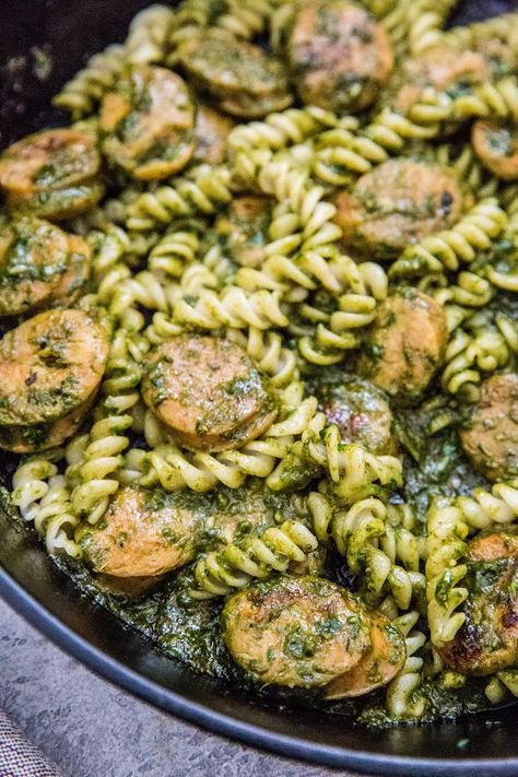 Chicken Sausage Pesto Pasta, Pesto Sausage Pasta, October Foods, Sausage Pesto Pasta, Beet Pesto, Gluten Free Banana Bread Recipe, Chicken Sausage Recipes, Chicken Sausage Pasta, Pesto Pasta Recipe