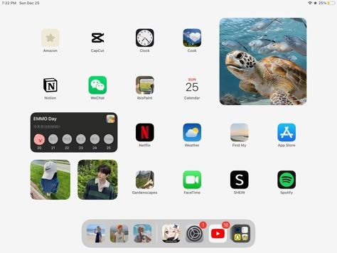 Tab Aesthetic, Home Screen Ipad, Iphone Screen Ideas, Ipad Home Screen Ideas, Ipad Cute, Ipad Homescreen Ideas, Ipad Layouts, Ipad Customization, Ipad Organization