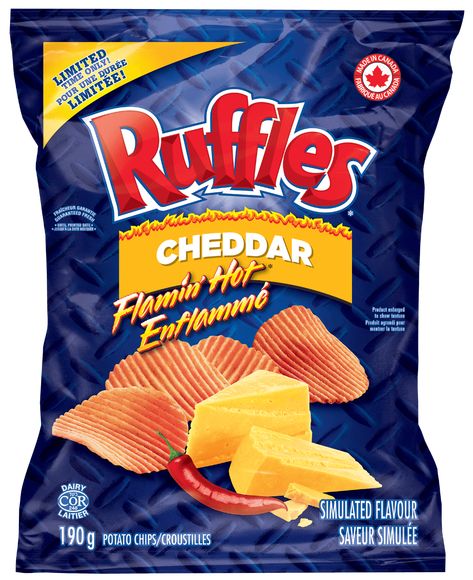 Ruffles® Flamin’ Hot® Cheddar flavour potato chips | Ruffles.ca Ruffles Queso, Ruffles Chips, Nutrition Information, Potato Chips, Corn Syrup, Natural Flavors, Cheddar Cheese, Cheddar, Potato