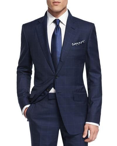 N3PLD TOM FORD O'Connor Base Plaid Two-Piece Suit, Navy Navy Plaid Suit, Men Suits Prom, Plaid Suit Men, Gents Suits, Men Suits Blue, Terno Slim Fit, Men Suits Wedding, Blue Suit Men, Tom Ford Suit